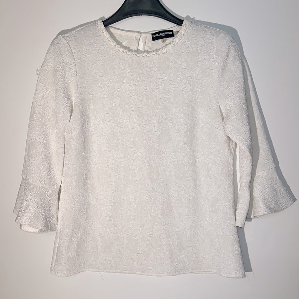 Karl Lagelfeld Belle sleeves flower embellished scoop neck 3/4 ivory blouse